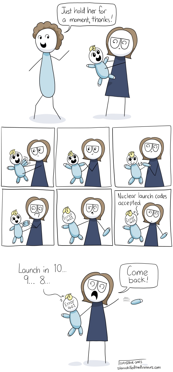 Comic strip featuring me not at all keeping it together while holding a baby.