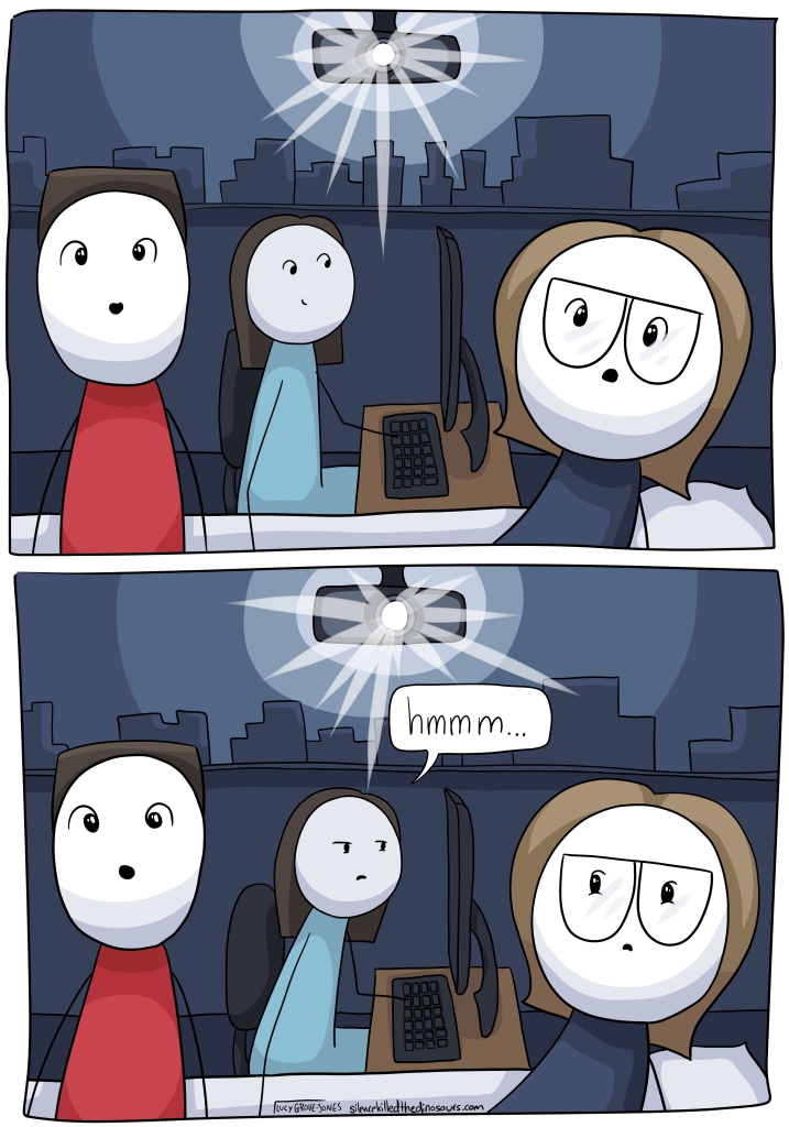 Two panels in a darkened room with a projector aiming for the fourth wall. In the first panel, my partner look forward in awe while behind us the sonogrammer is at her computer. In the second panel, the sonogrammer looks concerned and says "hmm." I notice, my partner hasn't yet.
