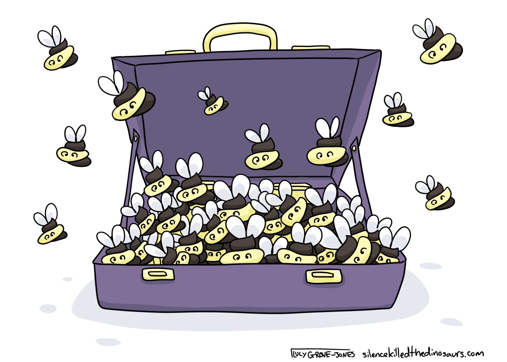 Literally a case of shit bees. An open suitcase filled with bees that look like the poop emoji.