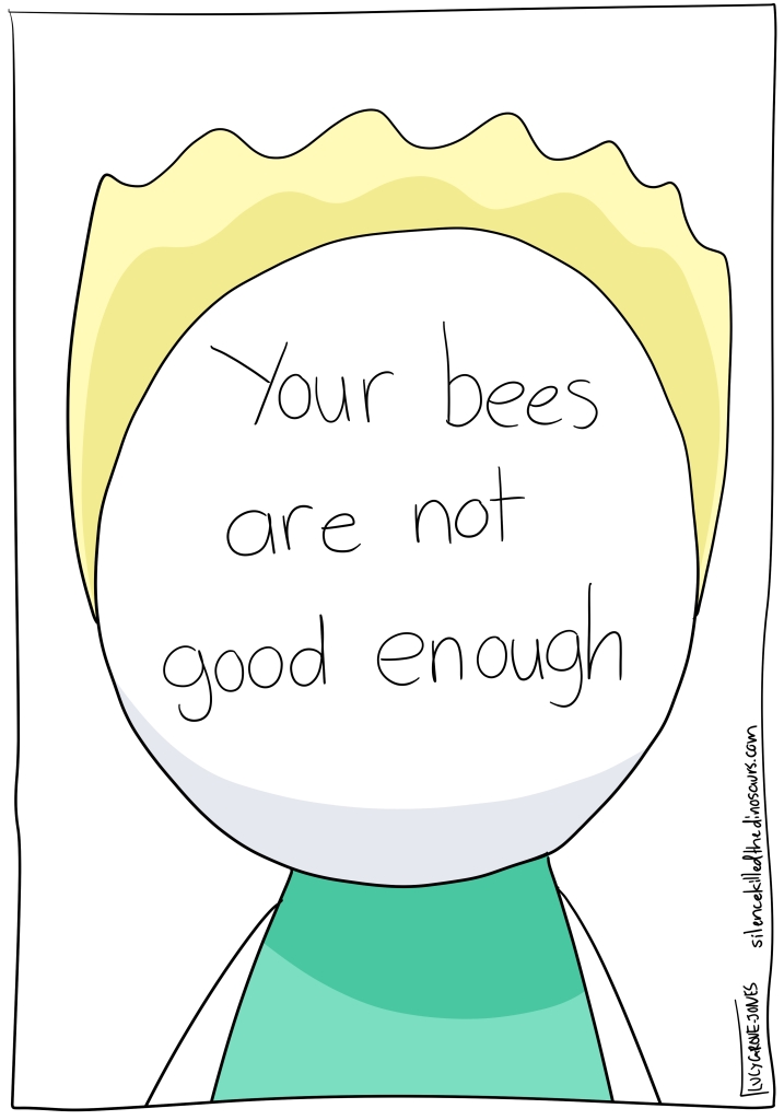 Close up of the Actual Illustrators face. Instead of features, it has the words "Your bees are not good enough"