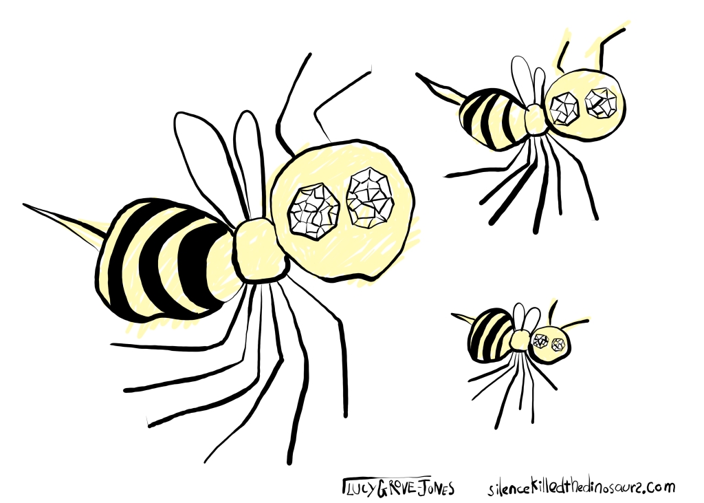 Some wonky bees. They each have six legs, although there is barely space for them.