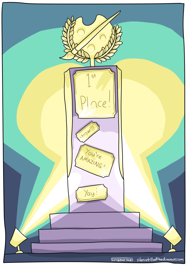 A big, golden trophy, lit dramatically. Plaques on it read: "1st place!", "wow!!!", "You're AMAZING!" and "Yay!"