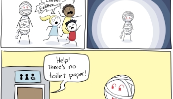 A mummy tries to help someone with lots of shopping bags, but they scream. The mummy picks up something someone dropped, but they scream. Kids scream and run away from the mummy. The mummy is sad. Someone calls out from the bathrooms "Help! There's no toilet paper!" and the mummy looks pleased because he can help now.