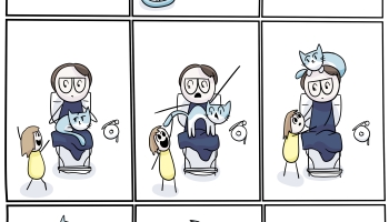 comic with nine panels. 1. Comic Lucy sits on the toilet. 2. The cat arrives and looks at her. 3. The cat is on her lap and comic Lucy looks unhappy. 4. A toddler runs happily toward them. 5. The toddler pulls the cat's tail, the cat is distressed, comic Lucy struggles to separate them from her position on the toilet with undies around her ankles. 6. The cat is on comic Lucy's head and the toddler implores comic Lucy to lift her up. 7. Comic Lucy sits on the toilet, happy toddler on her lap, annoyed cat on her head. 8. The cat slips, digging in his claws to comic Lucy's face so he can stay on her head, meanwhile the toddler is distracted by grabbing the toilet paper. 9. The cat is back on comic Lucy's head, which is covered in scratches, comic Lucy reaches desperately for the toddler, but the toddler is already carrying the toilet paper away and out of reach.