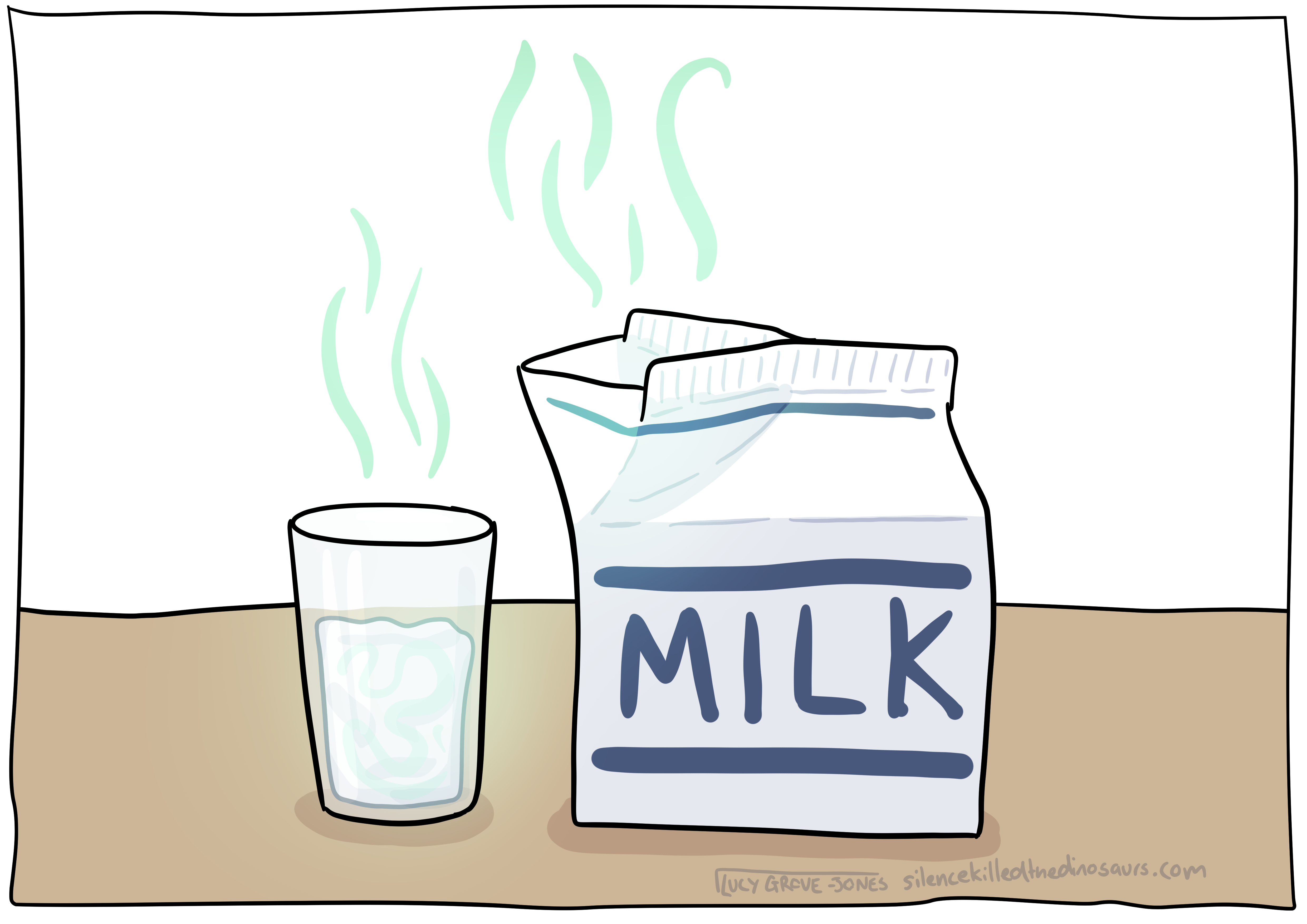 A carton of milk and a glass of milk on a bench. Smell lines radiate from both, and the content of the glass looks lumpy